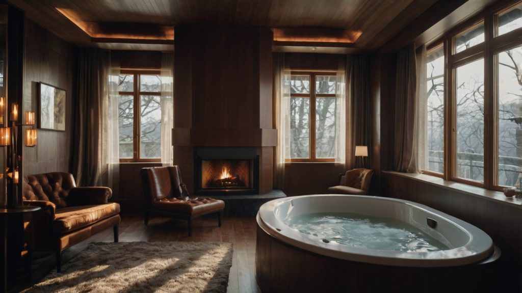 a suite with a fireplace or a Jacuzzi