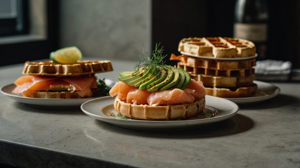 avocado toast, smoked salmon bagel, and house-made waffles