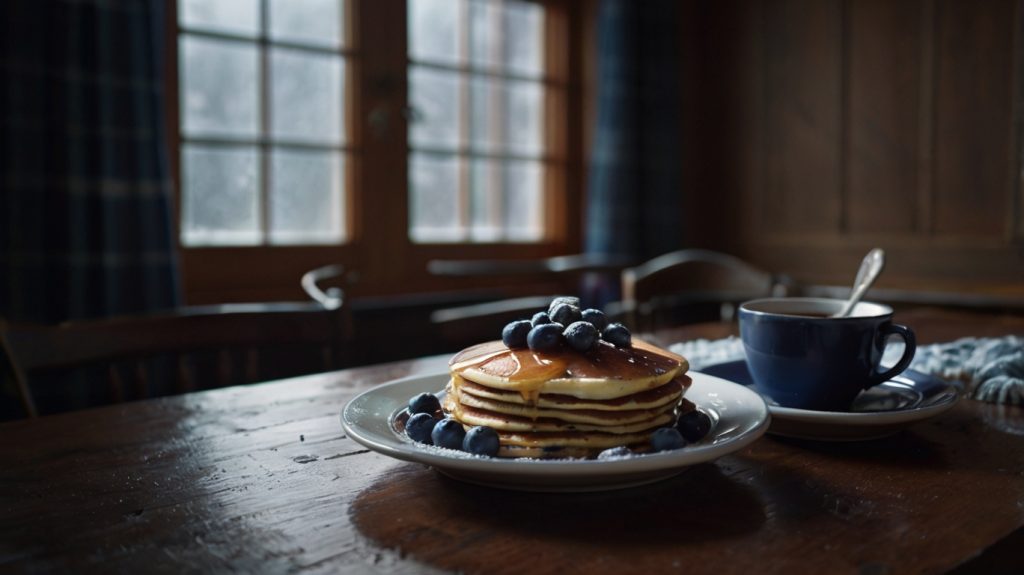 blueberry pancakes and hot cocoa