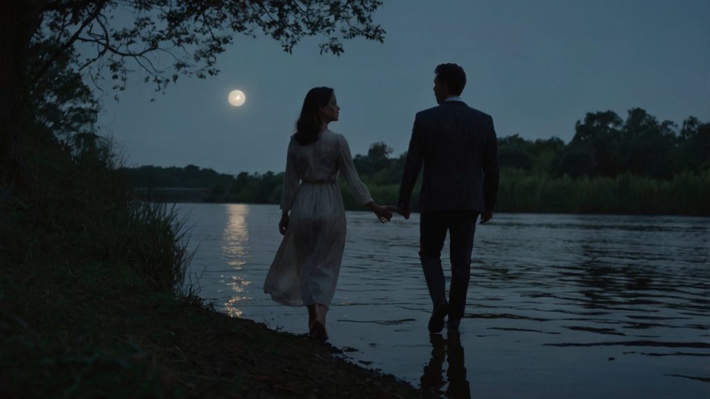 Moonlit Walk Along the Riverbank